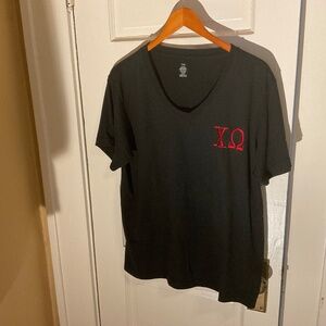 Chi Omega Black T-shirt with red embroidered Greek letters